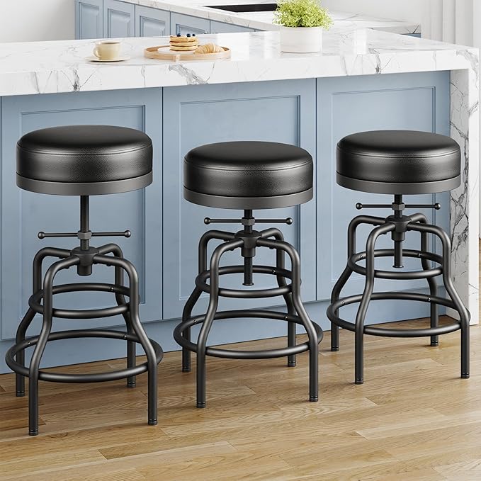 Adjustable Height Swivel Bar Stools Set of 3, 22-29 Inch Industrial Vintage Bar Counter Height Stools with Thicken Premium Bonded Leather Seats & Updated Footrests, Easy Assembly, Black
