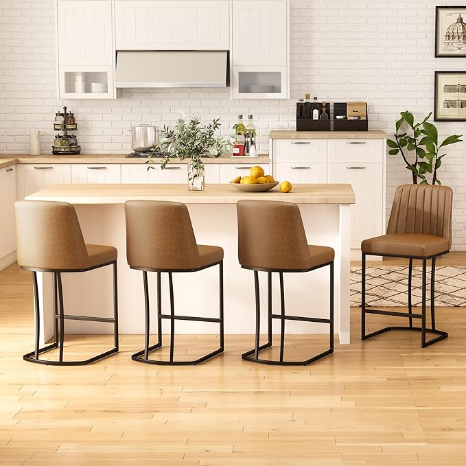 Bar Stools Set of 4, Faux Leather Counter Height Barstools, Upholstered Kitchen Counter Stools with Back and Stitching, 25.6" H Kitchen Island Stools Bar Chair, Metal Framed, Whisky Brown