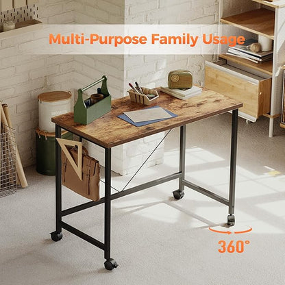Rolling Computer Desk with Wheels, Gaming Desk for Small Spaces, Modern Simple Style Table for Home Office, Study Writing Table (Caster, Rustic Brown, 32 inch)