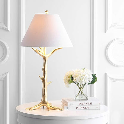 JONATHAN Y 33.5" Gold Leaf Resin LED Table Lamp, Glam Transitional Nature-Inspired Design for Living Room Bedroom Nightstand, White Linen Shade, LED Bulb Included, UL Listed JYL3069A