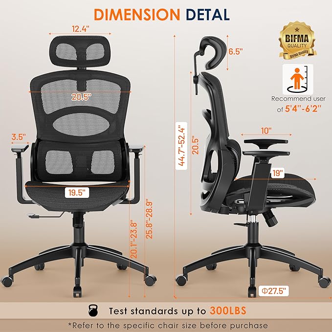 GABRYLLY Ergonomic Office Chair, High-Back Desk Chairs with Adjustable Lumbar Support, Headrest, Tilt Function, Soft Wide Seat and 3D Armrest, 300 LBS Sturdy Home Mesh Chair Task Chairs, GY1070