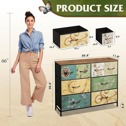 WLIVE 8 Drawer Dresser for Bedroom, Wide Fabric Dresser Storage Organizer, Chest of Drawers with Wood Top, Sturdy Steel Frame, Dressers for Living Room, Closet, Hallway, Floral Painted