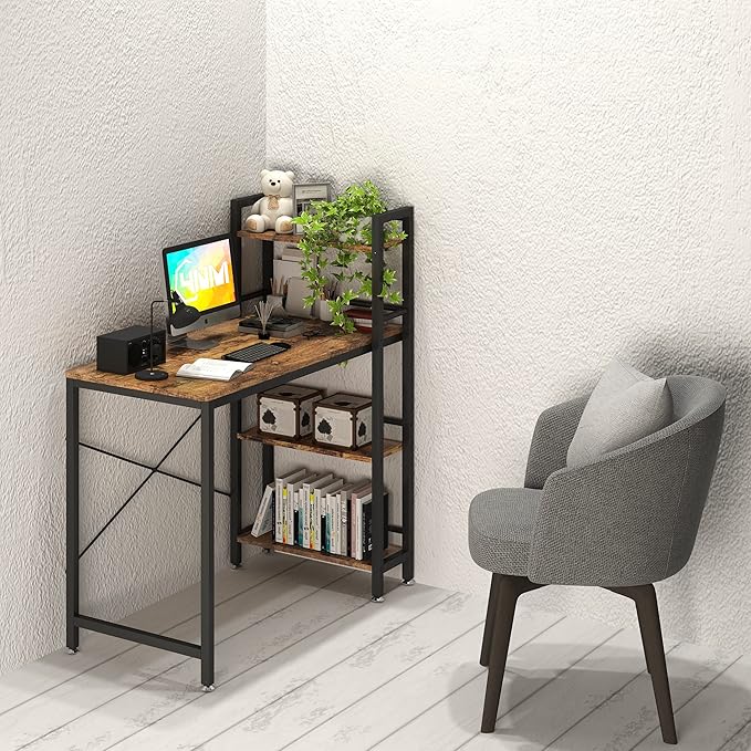 4NM 35" Small Computer Desk with 4-Tier Bookshelf, Home Office Desk Writing Workstation Study Table Multipurpose for Small Space Work - Rustic Brown and Black