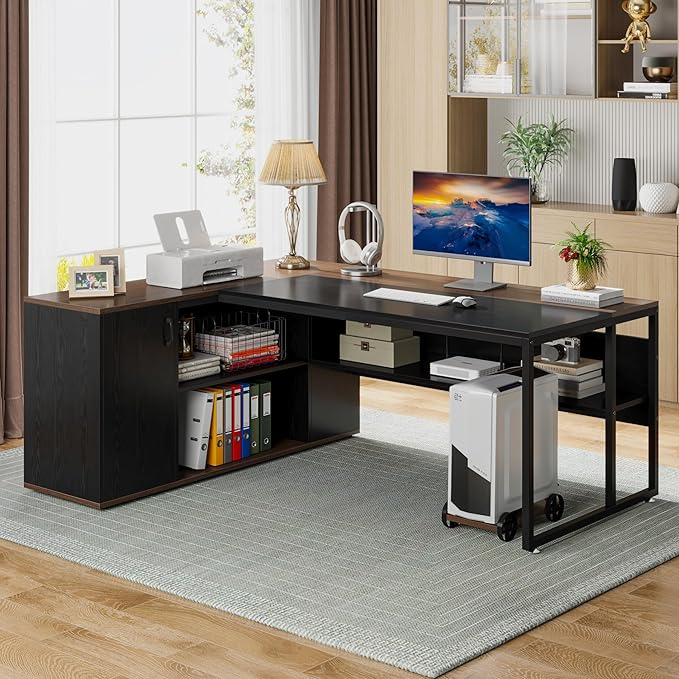 Tribesigns 71 inch Executive Desk, L Shaped Desk with Cabinet Storage, Executive Office Desk with Shelves, Business Furniture Workstation for Home Office, Black and Brown