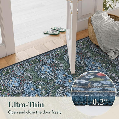 Lahome Floral Entryway Rug, 2x3 Kitchen Rugs Non Slip Washable Boho Blue Forest Design, Soft Door Mat Indoor Entrance, Ultra-Thin Easy Clean Small Throw Carpet for Bedroom Bathroom, Blue