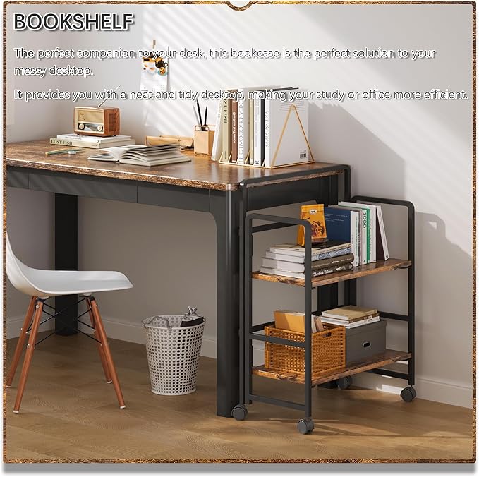 4NM 2 Tiers No-Assembly Folding Bookshelf with Wheels, Portable Rolling Storage Foldable Bookcase & Compact Side Table for Living Room, Bedroom, Kitchen, Bathroom (Rustic Brown and Black)