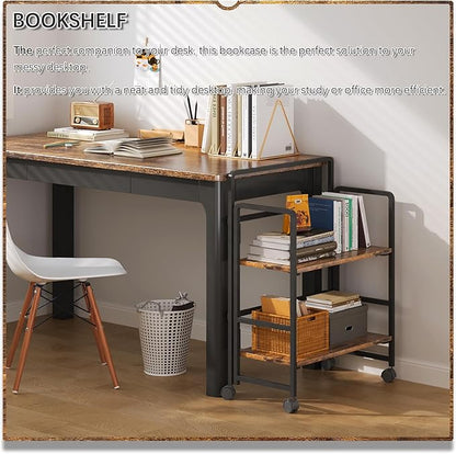 4NM 2 Tiers No-Assembly Folding Bookshelf with Wheels, Portable Rolling Storage Foldable Bookcase & Compact Side Table for Living Room, Bedroom, Kitchen, Bathroom (Rustic Brown and Black)