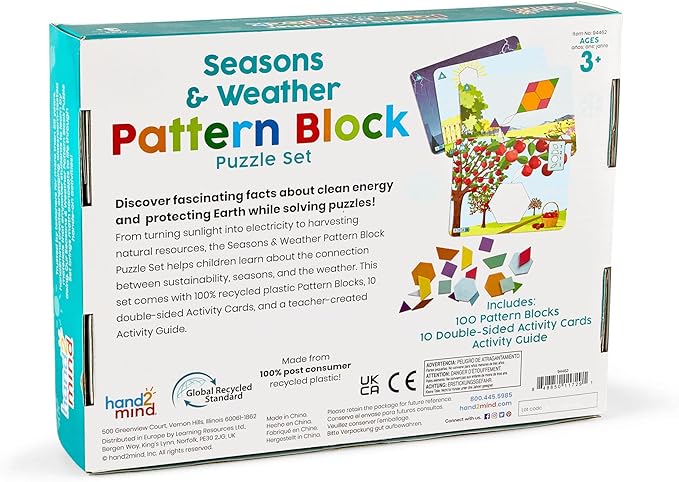 hand2mind Seasons and Weather Pattern Block Puzzle Set, Tangram Puzzle, Geometric Shapes for Kids, Pattern Blocks Cards, Pattern Play, Toddler Battern Blocks, Kindergarten Learning Activities