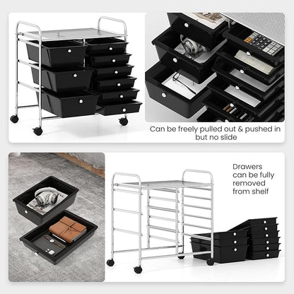COSTWAY Rolling Storage Cart with 9 Drawer, Mobile Utility Cart with Metal Frame, Art Supply Craft Organizer, Multipurpose Storage Organizer for Paper, Office, School Teacher, Classroom, Black
