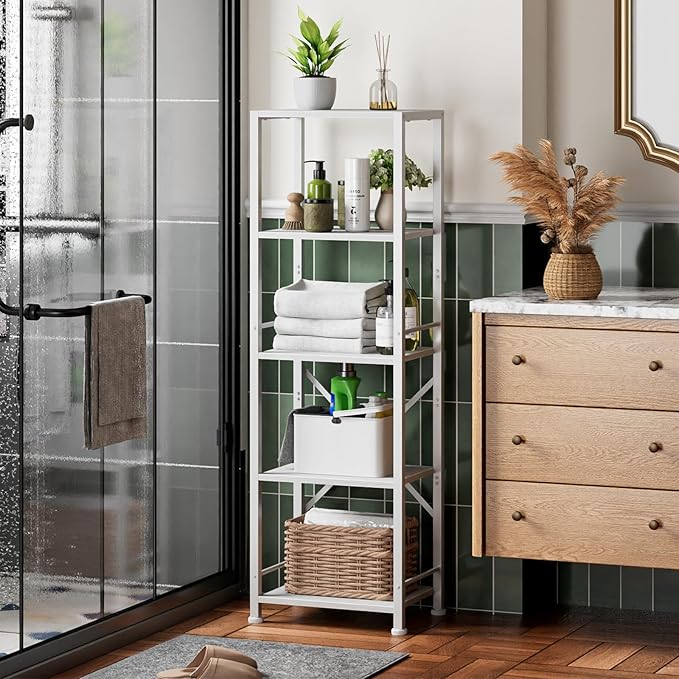 Furologee White Bookshelf 5 Tier Bookcase, Tall Narrow Bookshelves, Modern Freestanding Shelf Units, Metal and Wood Display Storage Corner Shelves Organizer for Bedroom, Living Room, Office, Bathroom