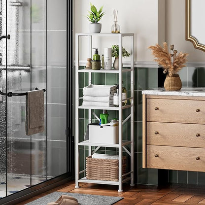 Furologee White Bookshelf 5 Tier Bookcase, Tall Narrow Bookshelves, Modern Freestanding Shelf Units, Metal and Wood Display Storage Corner Shelves Organizer for Bedroom, Living Room, Office, Bathroom