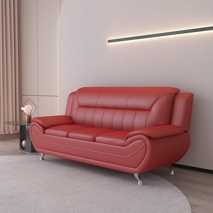 Container Furniture Direct Michael Modern Faux Leather Upholstered Stainless Steel Legs Living Room Sofa, Red