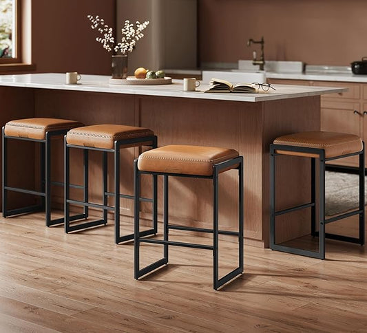 VASAGLE EKHO Collection - Bar Stools Set of 4, Counter Height Bar Stools, Synthetic Leather with Stitching, Mid-Century Modern Counter Stools, 26-Inch Tall, Kichen Home Bar Dining Room, Caramel Brown