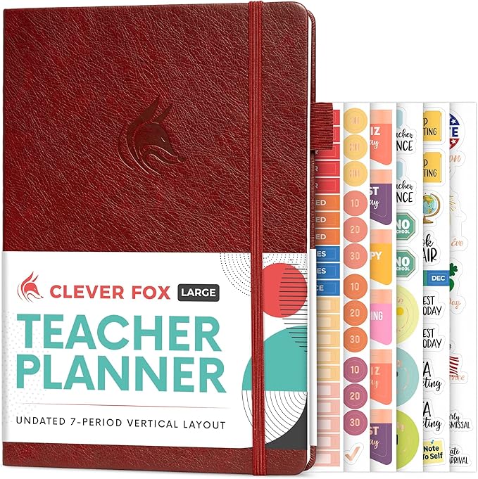 Clever Fox Teacher Planner – School Year Planner with Calendars & Lesson Plans – Teacher Plan Book for Classroom & Homeschool Organization - Undated, 7x10″, Hardcover (Wine Red)