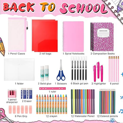 39 Pcs Back to School Supplies Essentials Bundle Include Pencils Scissors Ruler Eraser Crayon Sharpener Notebook Pencil Case Folder Notebook(Pink)