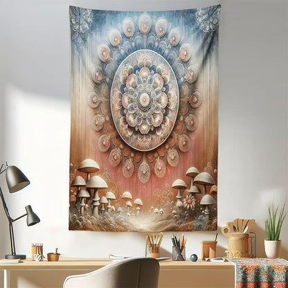 Ambesonne Hippie Tapestry, Fantasy Vibes Mushroom Jungle with Oriental Vibes Mandal Print Peacock, Fabric Wall Hanging Decor for Bedroom Living Room Dorm, 30" X 45", Pale Ruby Blue Grey Ecru