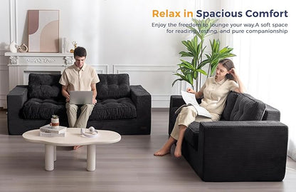 MAXYOYO 3 Seater Couch for Living Room, Boneless Couch with Tufted Cushion & Backrest, Upholstered Floor Sofa with Armrests, Sofa in A Box, No Assembly Required, Black