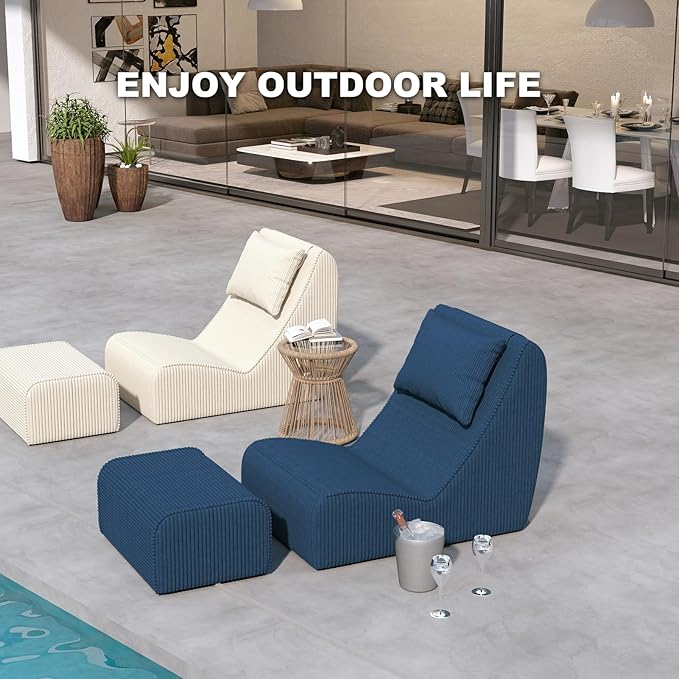 Giant Bean Bag Chair for Adults,Corduroy Chaise Lounge with Unrivaled Back Support, Detachable Neck Pillow, Comfortable Ottoman & Washable Cover for Living Room, Bedroom, Garden (Royal Blue)