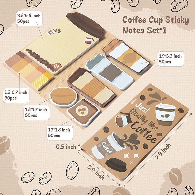 B1ykin Cute Sticky Notes Set - I Just Really Like Coffee Self-Stick Notes Pad, 550 Sheets Writing Memo Pages Sticky Notepad for Teacher Appreciation Gifts, School Office Party Favors Supplies (Coffee)