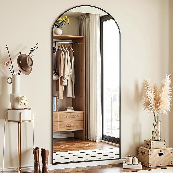 Full Length Mirror, 64"x21" Arched Full Body Mirror, Floor Mirrors with Stand, Standing Hanging Leaning Against Wall,Aluminum Frame Mirrors for Bedroom Cloakroom,Living Room,Black