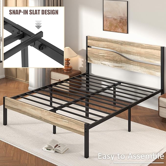 VECELO Queen Size Bed Frame with Wood Headboard and Footboard, 14 Inch Platform/No Box Spring Needed, Heavy Duty Support, Easy Assembly