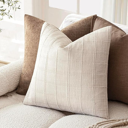 Foindtower Set of 2 Decorative Linen Check Throw Pillow Covers Neutral Farmhouse Vintage Cushion Covers Modern Boho Home Decor For Sofa Chair Couch Bedroom Living Room Outdoor,24×24 Inch,Natural Beige