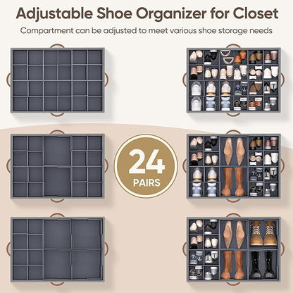 Shoe Organizer for Closet, 1 Pack Shoe Storage Container with Adjustable Dividers, Space Saving Shoe Box Storage Organizer Bin with Clear Lid and 4 Handles, Fits 12-24 Pairs, Beige & Grey