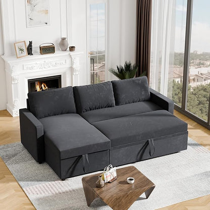 Sleeper Sofa Bed, Modular Sectional Couch with Pull Out Bed, L Shaped Sectional Convertible SofaBed with Storage Seat, for Living Room Apartment Bedroom Office Black Velvet