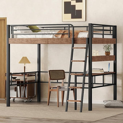 Metal Full Size Loft Bed with Built-in Desk,Storage Shelf and Ladder,Full-Length Guardrails and Secured Metal Slats, High LoftBed W/Large Storage Space for Kids Teens Adults Bedroom,Black