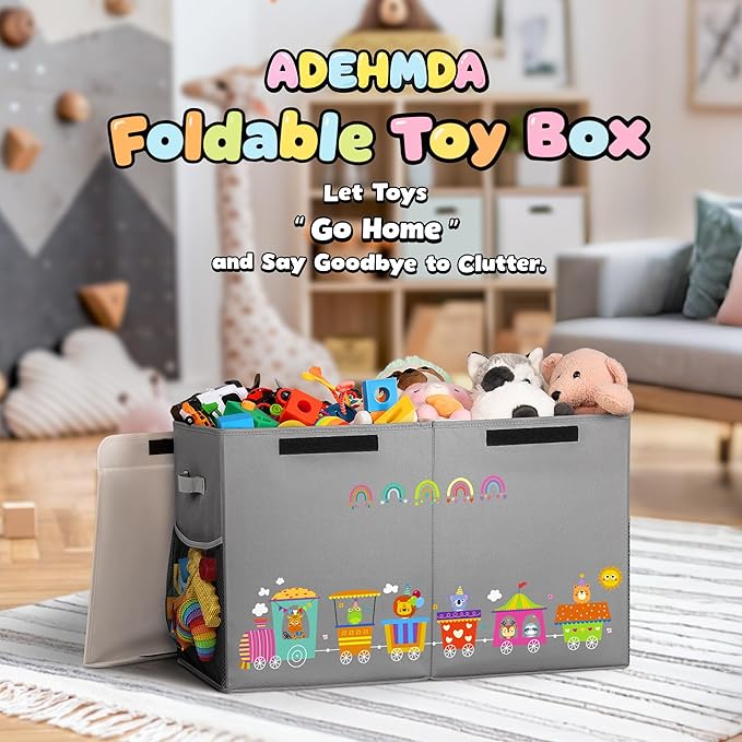 80L Large Toy Storage Box with Lid, Large Toy Box Chest for Kids, Girls and Boys, Nursery Room and Living Room, 26"x13" x16" (grey-train)