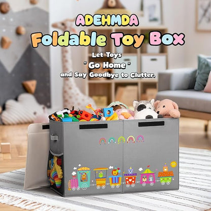 80L Large Toy Storage Box with Lid, Large Toy Box Chest for Kids, Girls and Boys, Nursery Room and Living Room, 26"x13" x16" (grey-train)