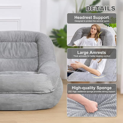 Giant Bean Bag Chair with Armrests - Oversized Cozy Seating for Adults, Corduroy Fabric & High - Density Foam Filling, Ideal Lounge for Living Room, Bedroom & Gaming Room (Grey)
