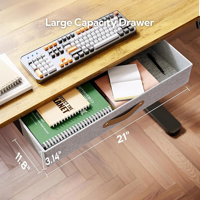 Seang Standing Desk with Drawer, 55" x 24" Height Adjustable Stand Up Desk, 3 Memory Height Settings with Cable Grommets & Storage Hooks, Ideal for Home & Office, Rustic Brown