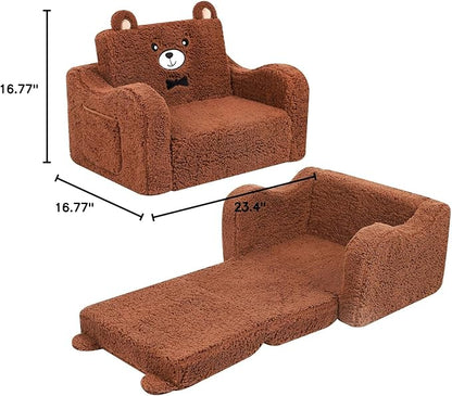 Kids Chairs for Toddler, 2-in-1 Toddler Soft Sherpa Couch Fold Out, Convertible Sofa to Lounger for Girls and Boys, Teddy Bear, Brown