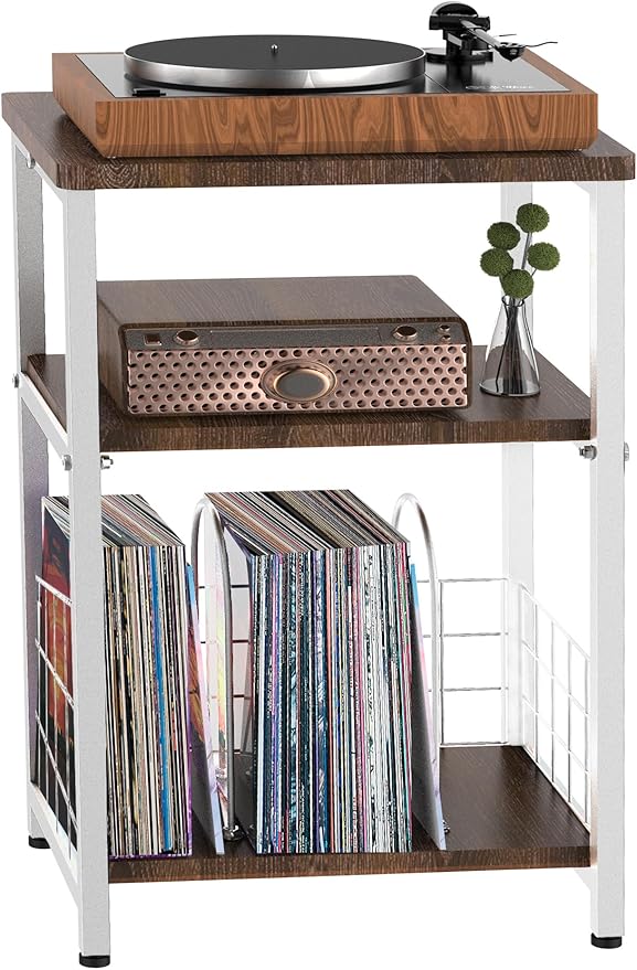Record Player Stand, 3 Tier Side End Table with Vinyl Record Storage Basket, Turntable up to 100 Albums Record Shelf Display Holder Cabinet for Living Room, Bedroom, Office, White