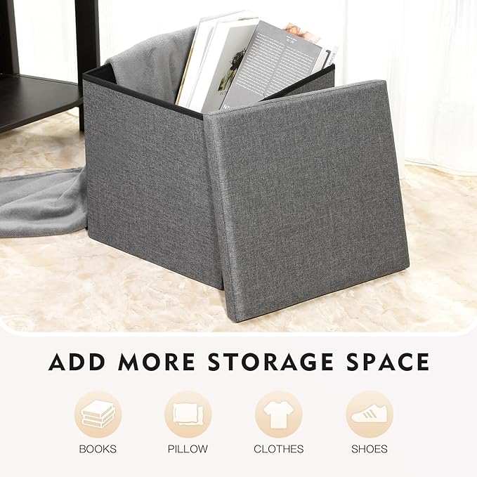 B FSOBEIIALEO Storage Ottoman with Tray, Small Ottomans Cube Folding Coffee Table Foot Stool Footrest Seat, Dark Grey Linen 16"X15.7"x15"