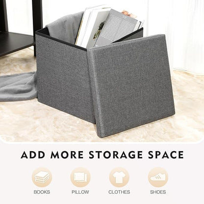 B FSOBEIIALEO Storage Ottoman with Tray, Small Ottomans Cube Folding Coffee Table Foot Stool Footrest Seat, Dark Grey Linen 16"X15.7"x15"