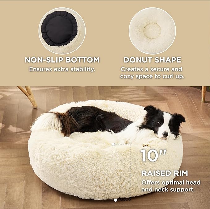 Bedsure Calming Dog Bed for Large Dogs - Donut Washable Large Pet Bed, Anti-Slip Round Fluffy Plush Faux Fur Dog Bed, Fits up to 80 lbs Pets, Ivory Beige, 36 inches