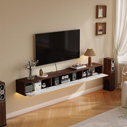 Floating TV Stand High Gloss,86'' Wall-Mounted TV Cabinet,Floating TV Console,Under TV Shelf with 3 Doors for Living Room Bedroom(Walnut+White)