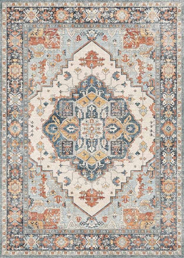 GENIMO Runner Rug 2x5 Non Slip Machine Washable Hallway Runner Rug, Low Pile Lightweight Rugs for Entryway, Hallway, Kitchen and Corridor, Vintage Blue/Amber