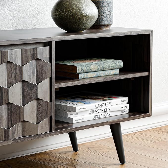 Bme Georgina 65-Inch Solid Acacia Wood TV Stand, Quick Assembly Entertainment Center with Storage, Geometric Pattern Console for Living Room, Bedroom, and Dining Room, Mocha