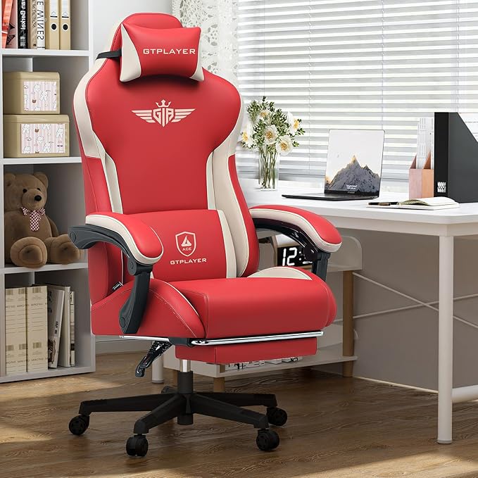 GTPLAYER Gaming Chair with Footrest, Big and Tall Game Chair High Back Computer Office Chair with Lumbar Support for Adults, Ergonomic Swivel Games Chair with Cushion Gaming Faux Leather Red