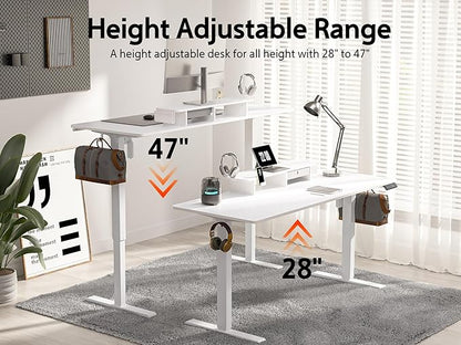 63x24 Inches Electric Standing Desk with Drawer and Monitor Stand, Height Adjustable Sit to Stand up Desk for Home Office, Ergonomic Computer Table with Phone Holder, 3 Hooks, White