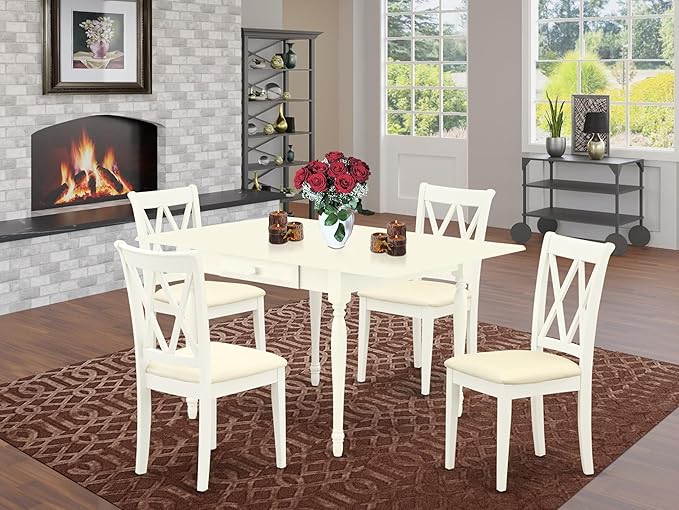 East West Furniture MZCL5-LWH-C 5 Piece Kitchen Table Set for 4 Includes a Rectangle Dining Room Table with Dropleaf and 4 Linen Fabric Upholstered Dining Chairs, 36x54 Inch, Linen White