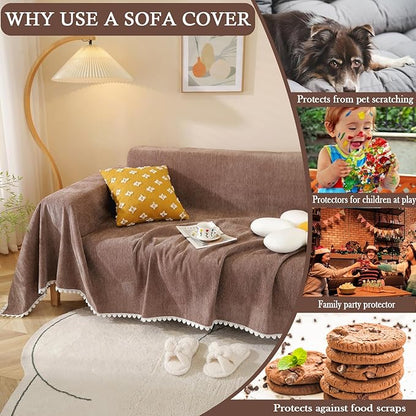 HANDONTIME Brown Sofa Covers Simple Couch Cover for Pet White Floral Couch Cushion Covers for L Shape Chocolate Sofa Throw Cover Sectional Couch Covers for Living Room Machine Washable, 71" X134"