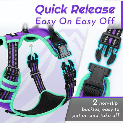Eagloo Dog Harness for Large Dogs, No Pull Service Vest with Reflective Strips and Control Handle, Adjustable and Comfortable for Walking, No Choke Pet Harness with 2 Metal Rings, Purple & Green, XL