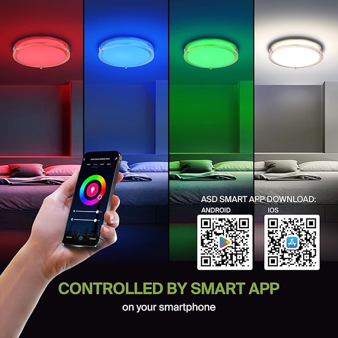 ASD LED 14" Round Flush Mount Lighting, Close to Ceiling Light Fixture | Smart, Multicolor, Dimmable, ETL Listed | 21W 1429LM RGB-2700-6500K 120V | Low Profile Double Ring Lamp | Nickel, 4 Pack