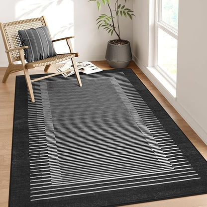Wonnitar Washable Striped 5x7 Washable Area Rug, Non-Slip Black Berber Stripe Rugs for Living Room, Low Pile Minimalist Floor Carpet Rugs for Bedroom Dining Room Home Office (Black,5' x 7')