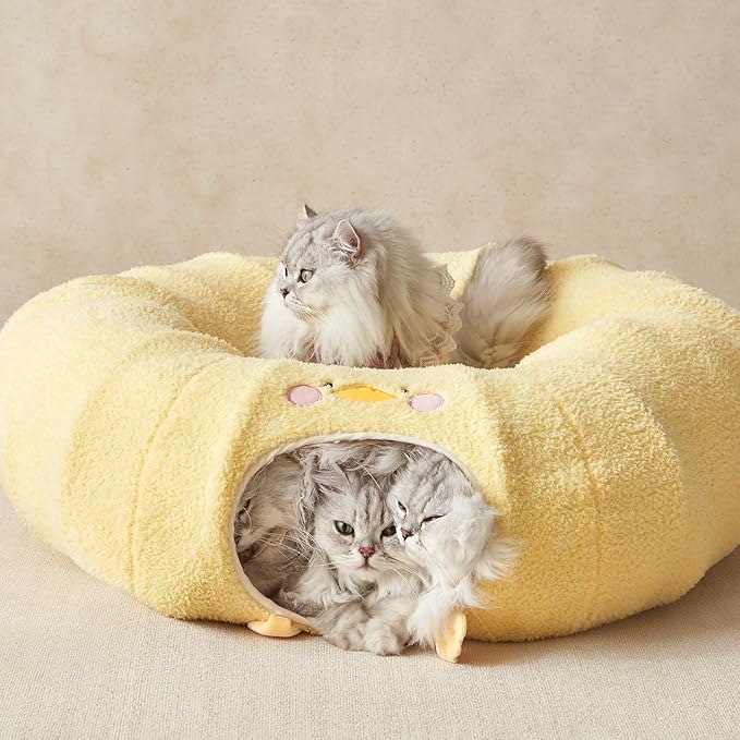 EHEYCIGA Cat Tunnel Bed for Indoor Cats, Cute Cat Donut Toy Tunnel for Small Large Cats with Washable Circle Cushion, Peekaboo Pet Cave Play Tunnel for Kitten, Puppy, Rabbit