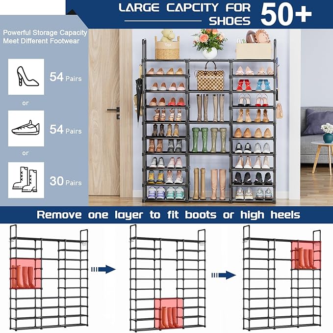 Mavivegue 10 Tiers Shoe Rack Tall Shoe Organizer Shoe Storage 55-65 Pairs Vertical Shoe Shelf Large Shoe Rack Organizer Stackable Shoe Racks for Entryway, Closet, Garage, Bedroom,Cloakroom -Black